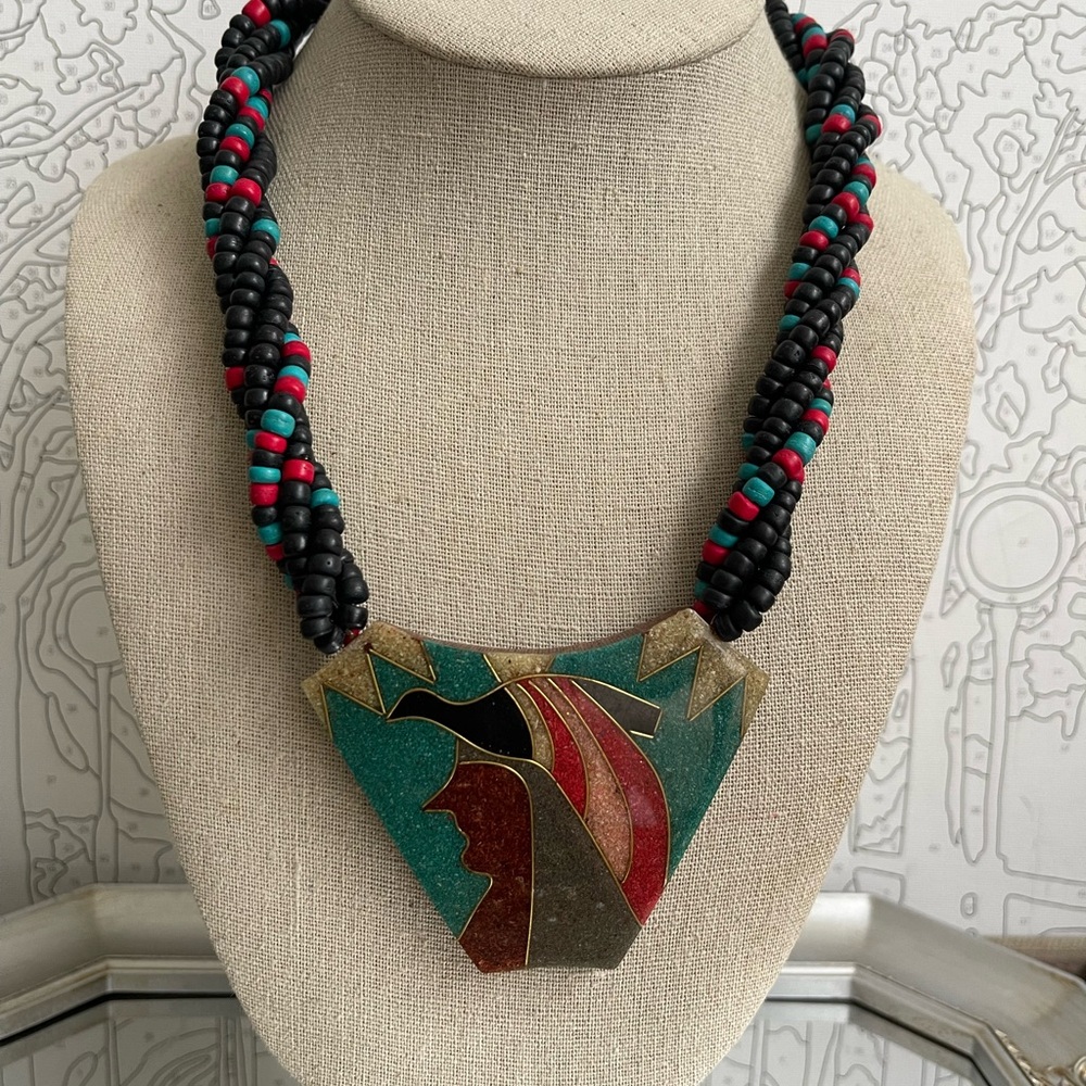 Vintage 80s Egyptian themed beaded statement novelty necklace mosaic in resin